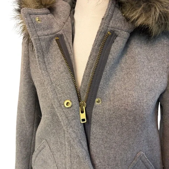 J.Crew Wool Blend Coat with Faux Fur‎ Hood Gray Winter Outerwear Sz Petite 00